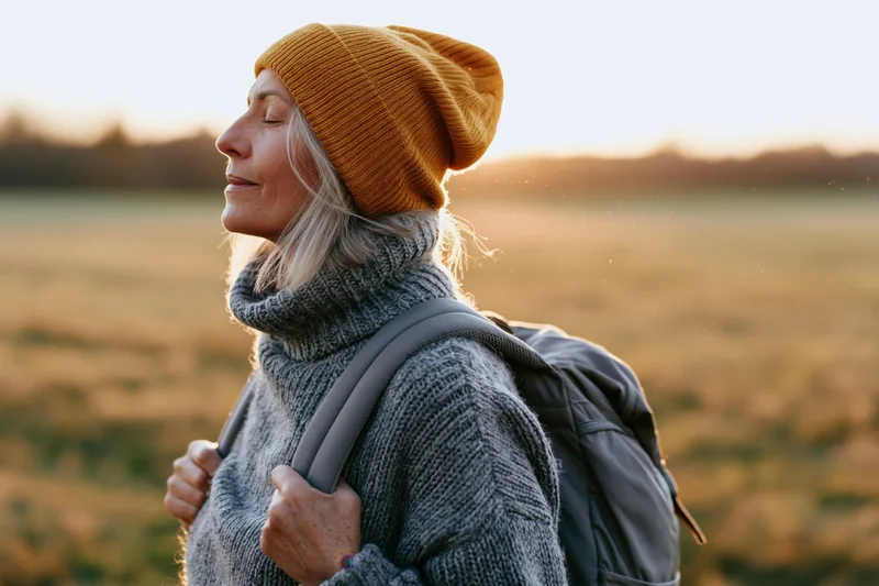 Senior woman with backpack and beanie standing in a sunlit field during golden hour, eyes closed, breathing calmly