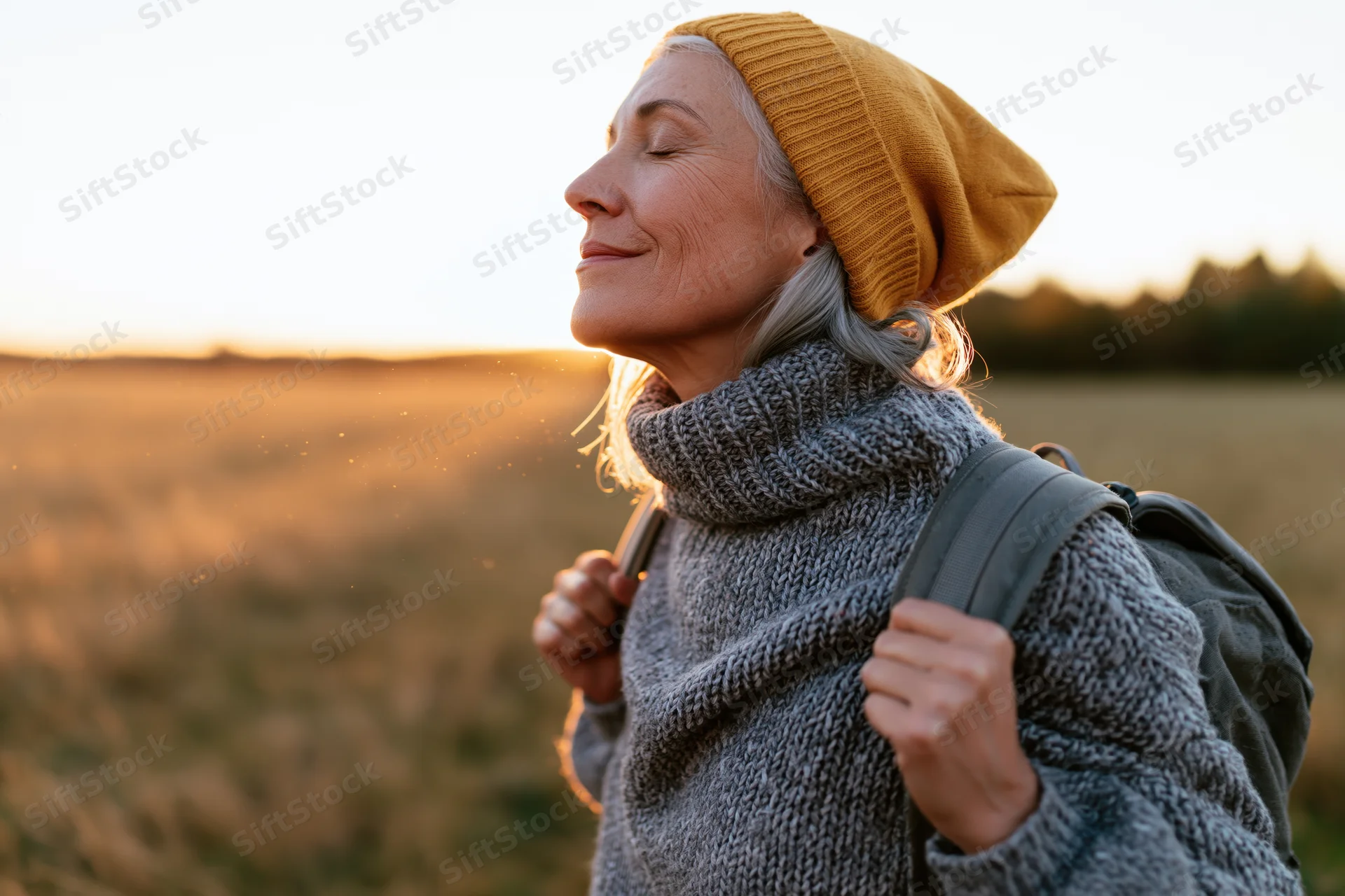 Senior woman with backpack smiling in a sunlit field at sunset