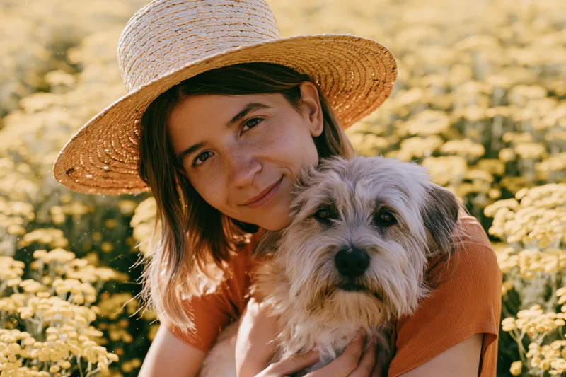 Woman smiling while hugging a small dog in a field of yellow flowers