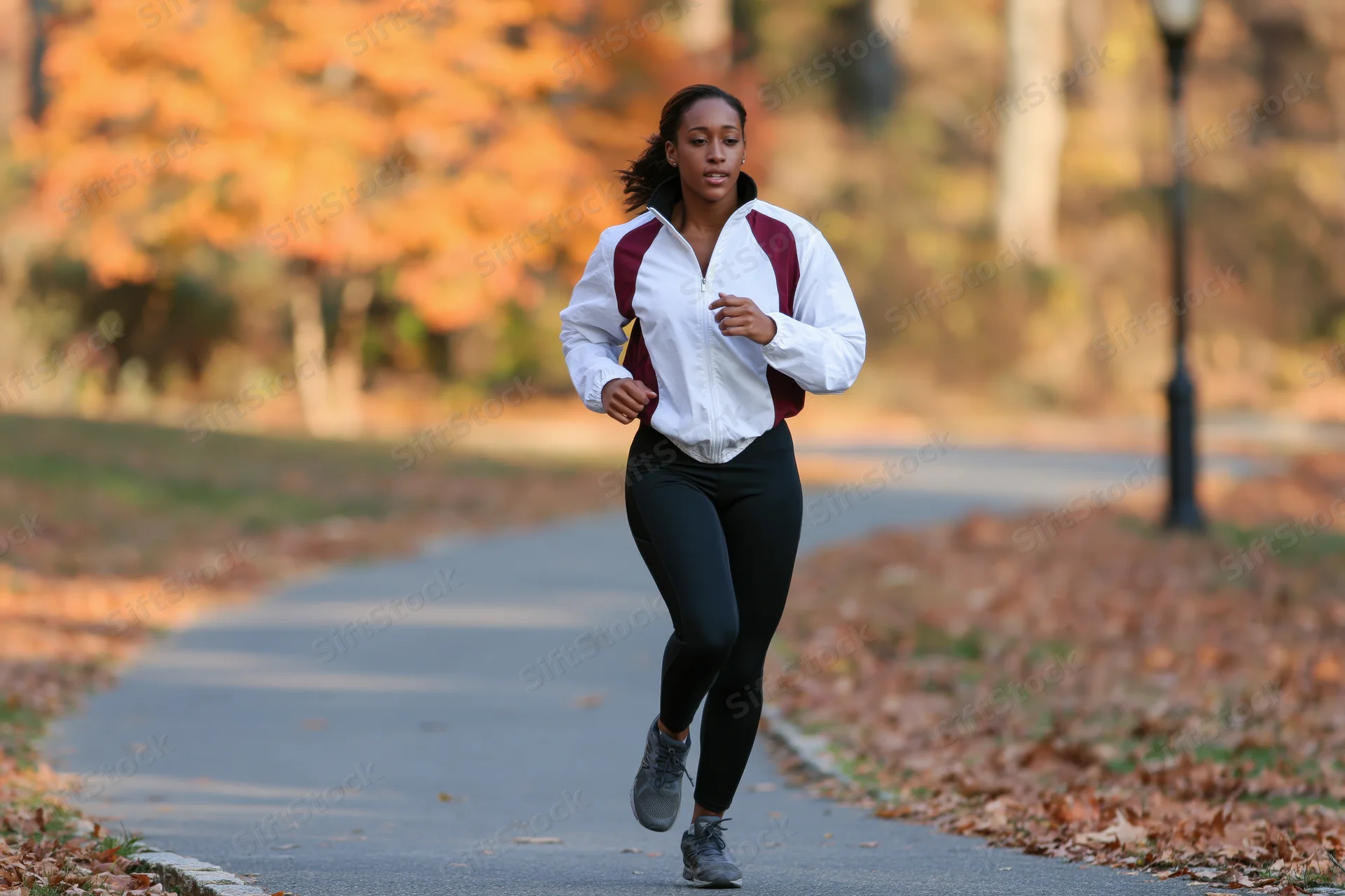 Woman jogging on a winding paved path in a park lined with autumn foliage