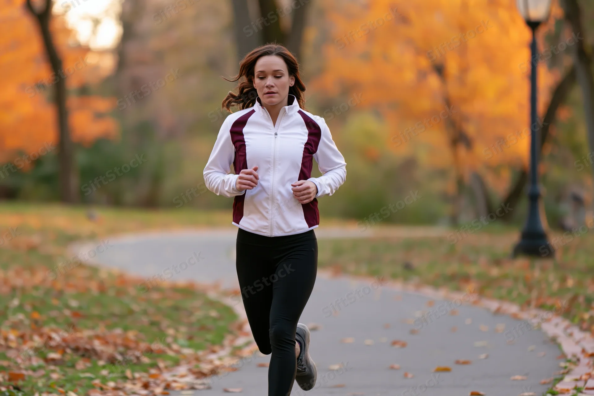 Woman jogging on a winding path in a park during autumn