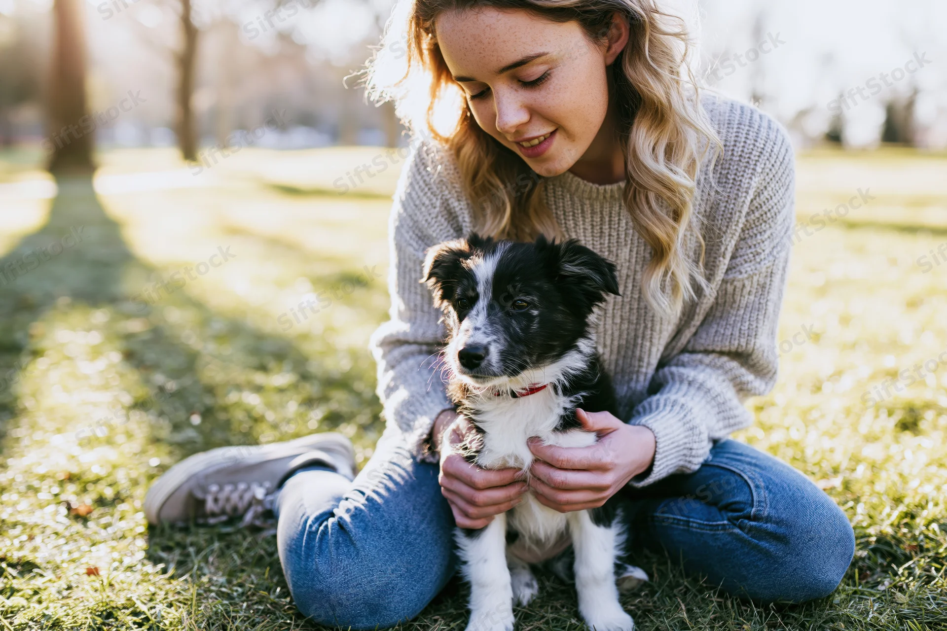Woman kneeling on grass holding a small black and white puppy in a park