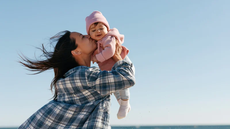 Woman kissing baby while holding her up on a windy beach