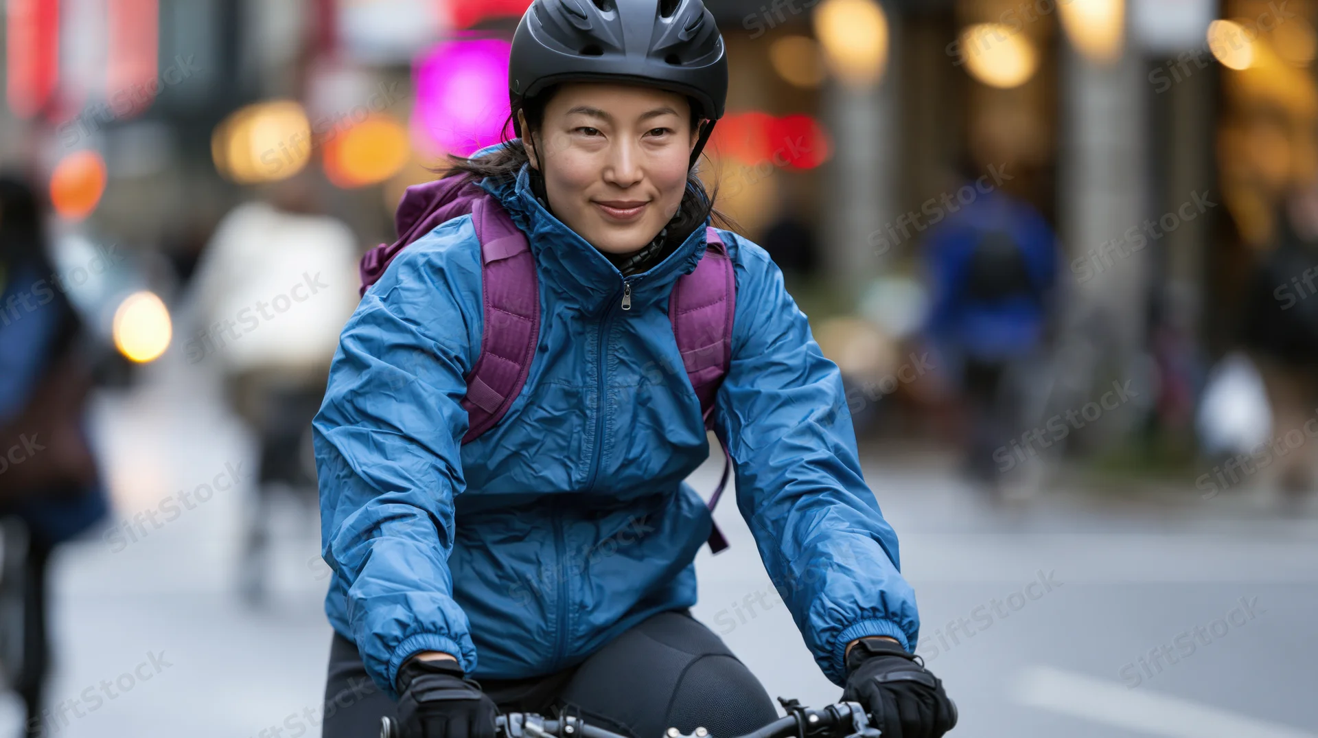 Young asian woman riding bicycle in city street wearing helmet and backpack
