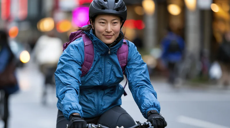 Young asian woman riding bicycle in city street wearing helmet and backpack