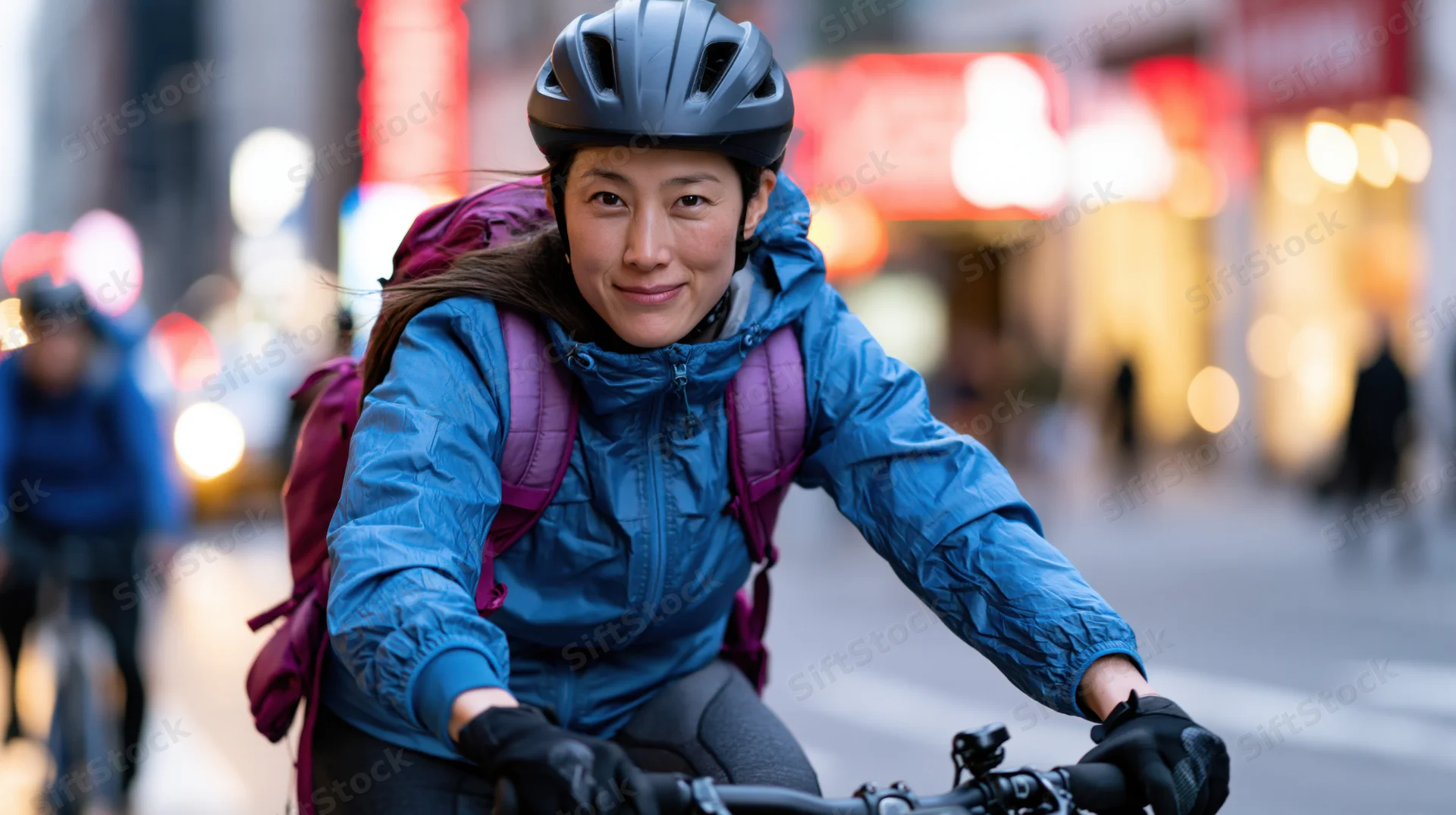 Young asian woman riding bicycle in city street at dusk with helmet and backpack