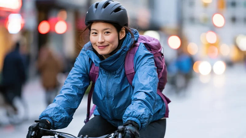 Young asian woman cycling in city street wearing helmet and backpack, smiling at camera