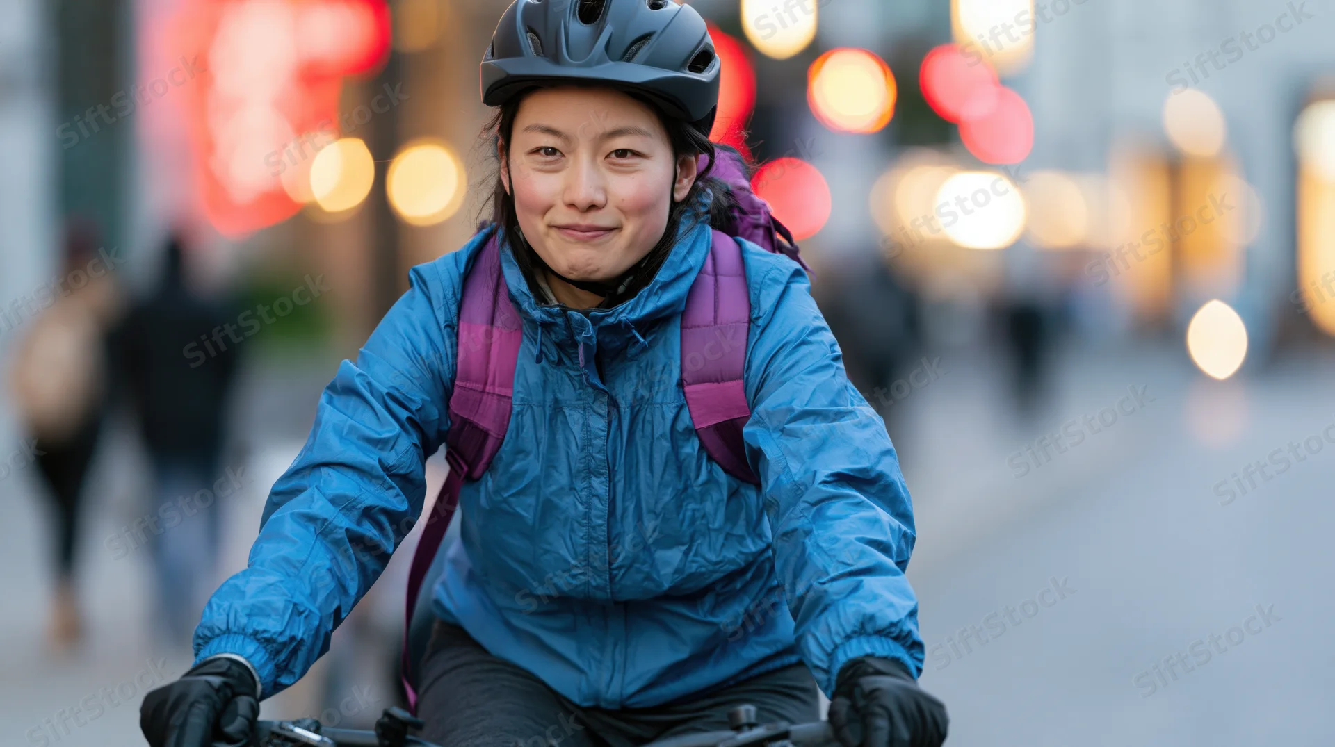 Young asian woman riding bicycle in city street at dusk with helmet and backpack