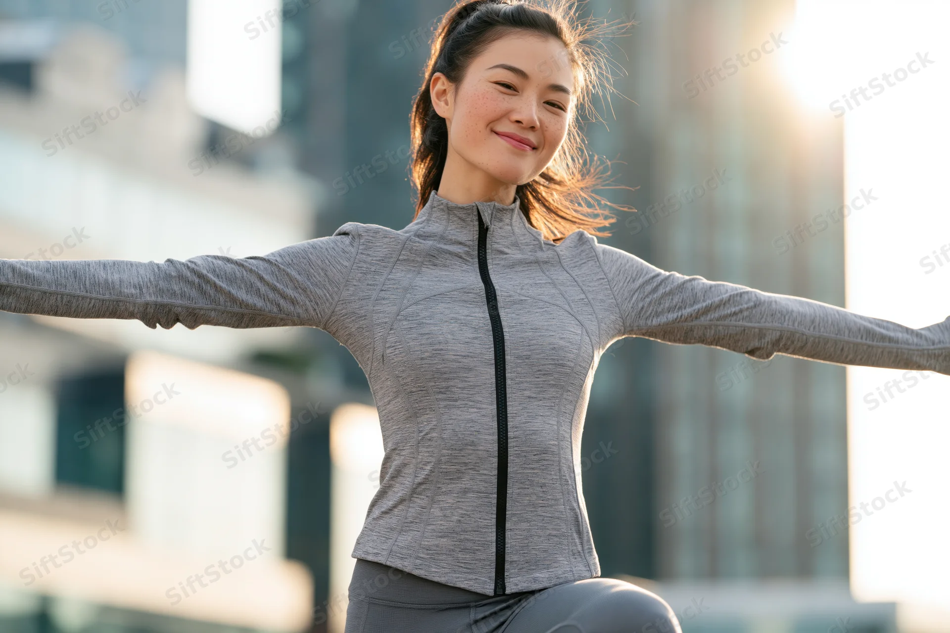 Young asian woman stretching outdoors in city with arms outstretched during sunrise