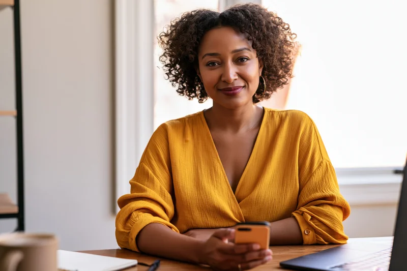 Young black woman smiling while holding smartphone at desk with laptop and mug