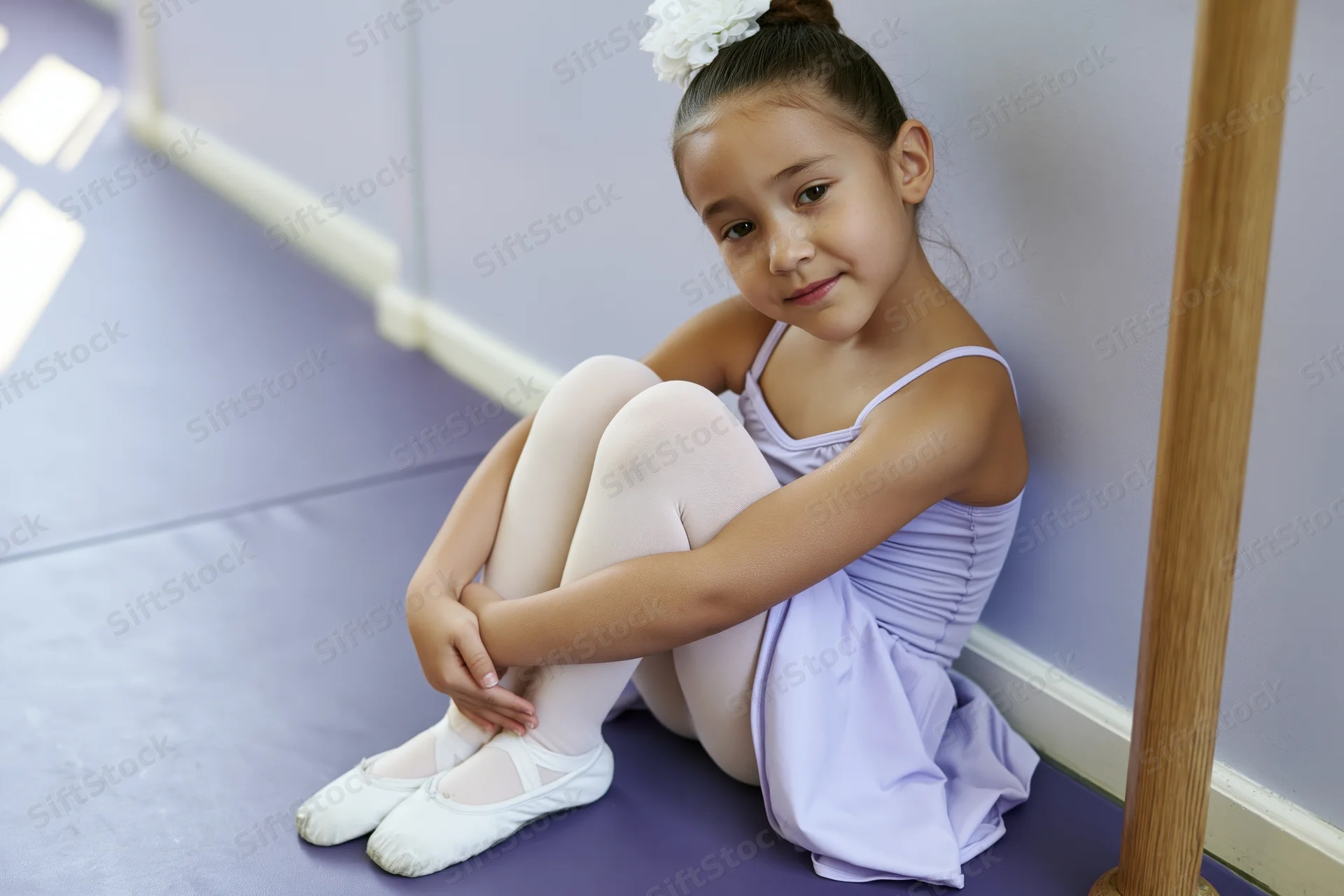 Young girl in ballet attire sitting on studio floor leaning against wall with smile