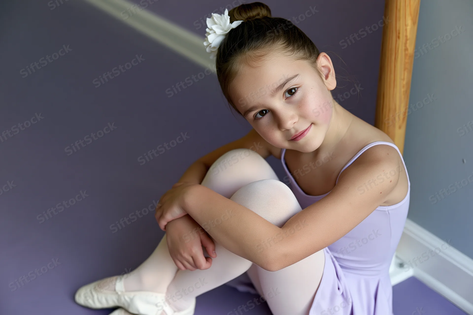 Young girl in ballet attire sitting on floor hugging knees in studio
