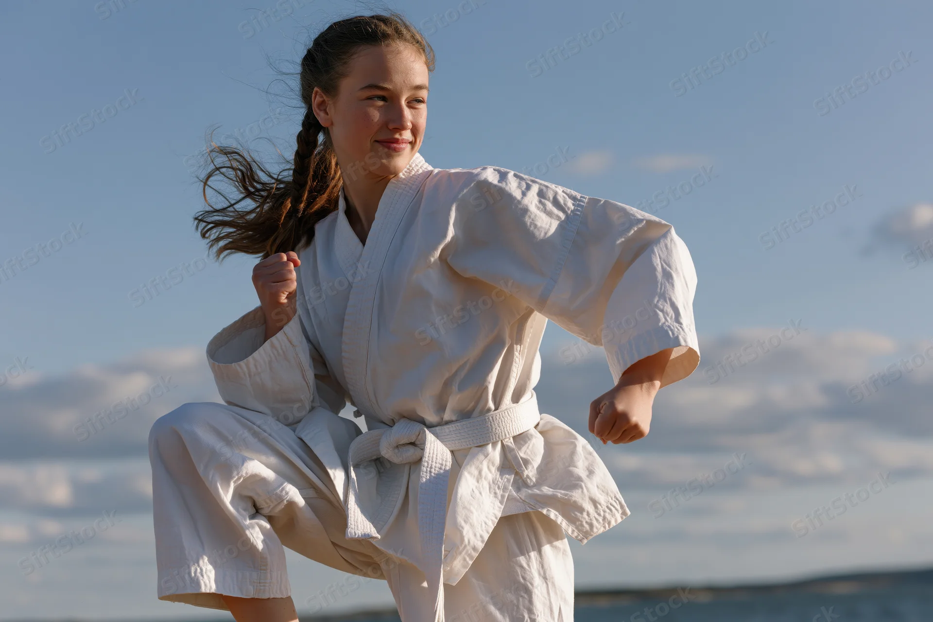Young girl in white karate uniform performing a high kick on a beach under a blue sky with clouds