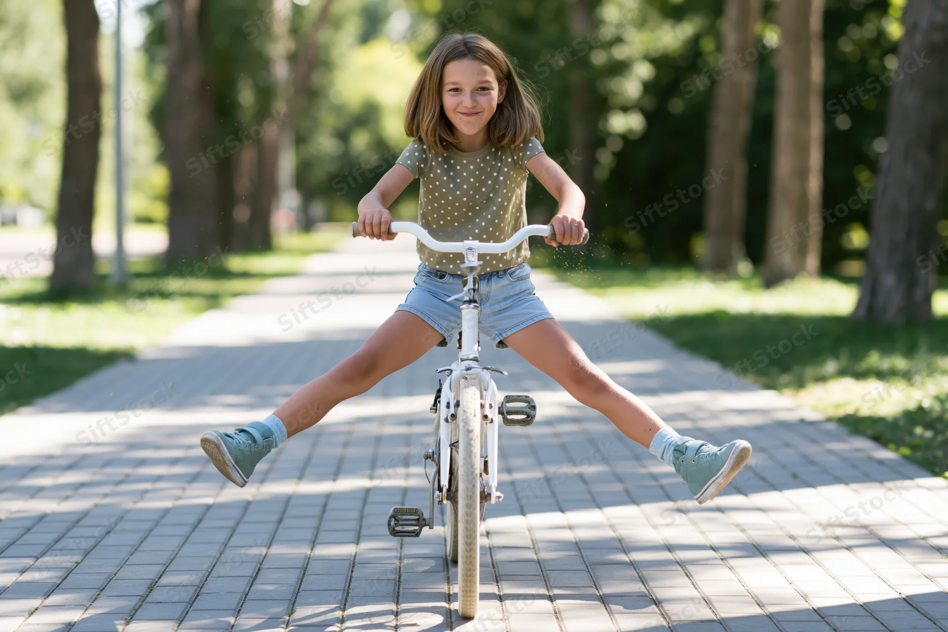 Young girl riding bicycle with legs spread on paved path in park