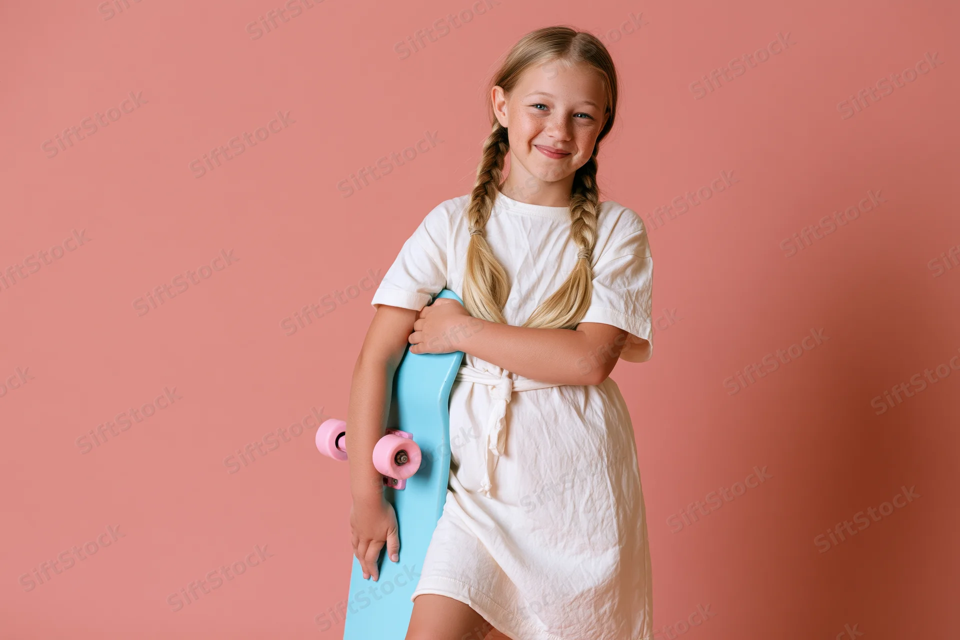 Young girl smiling while holding a blue skateboard against a pink background