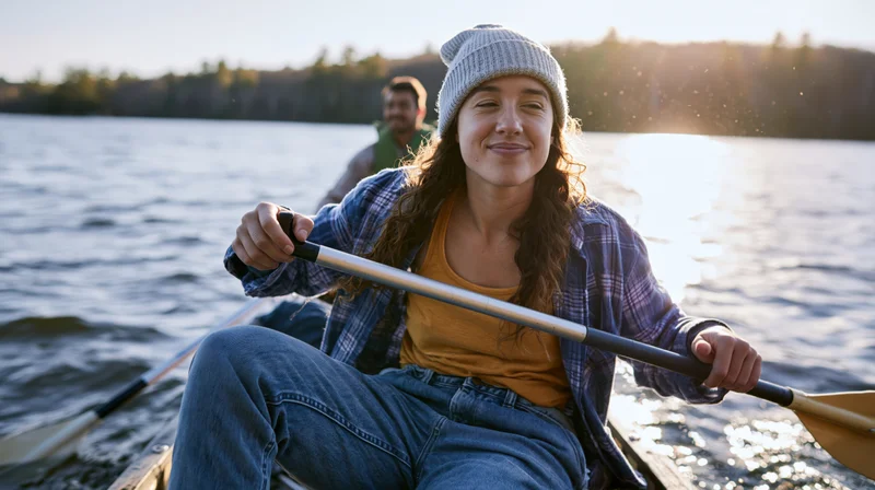 Young woman paddling a canoe on a lake at sunset with a man in the background