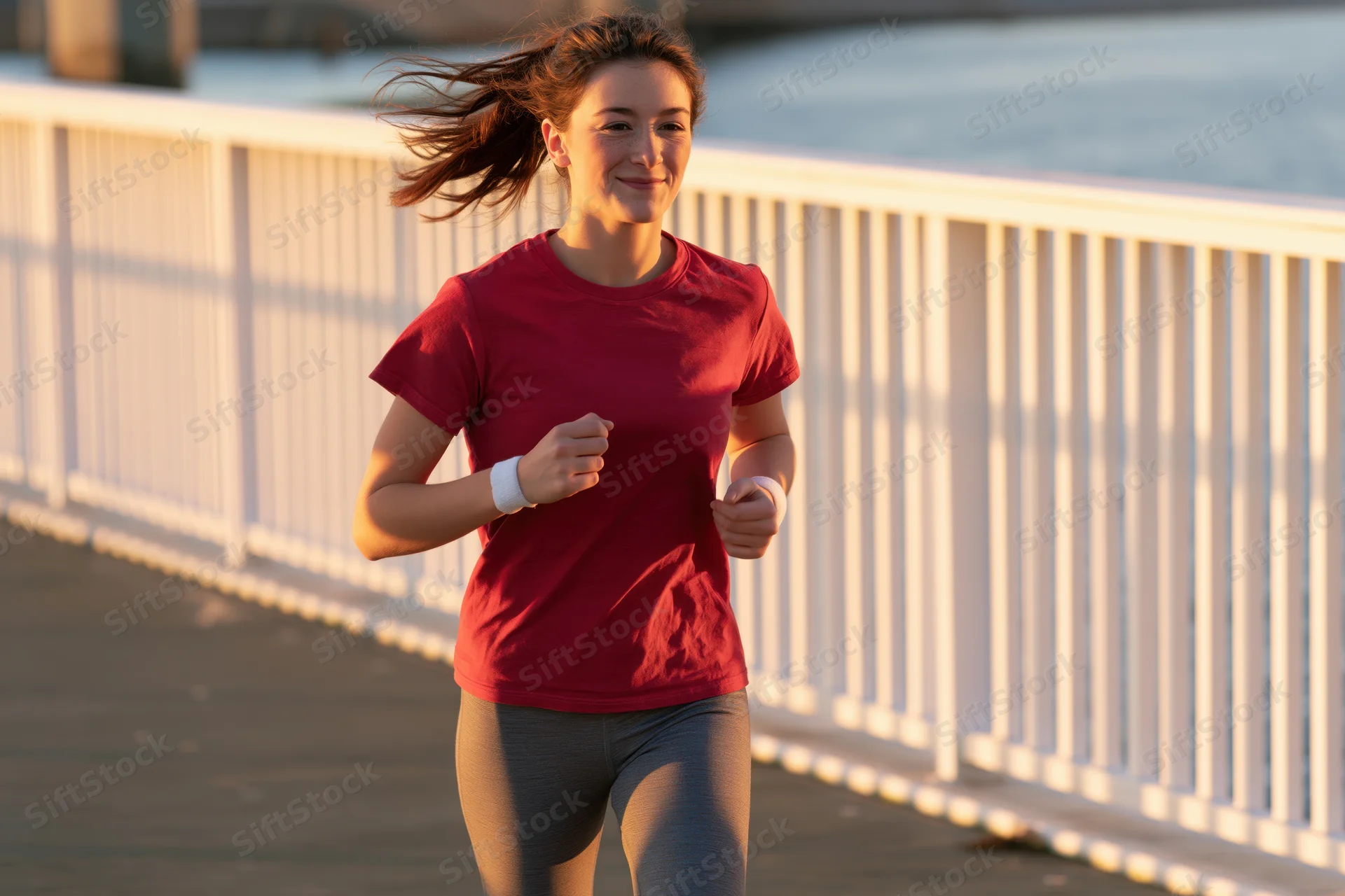 Young woman running on a paved path beside a waterfront railing at sunset