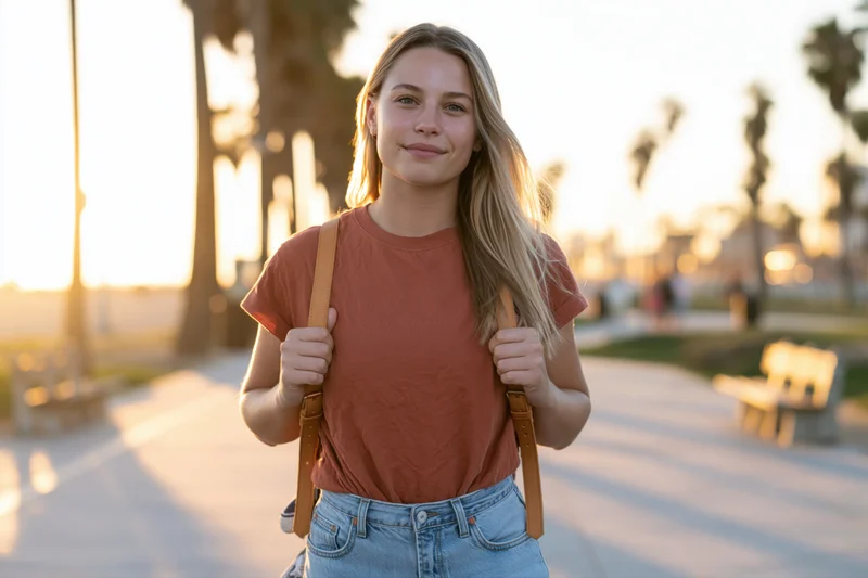 Young woman smiling while walking outdoors with backpack on sidewalk at sunset