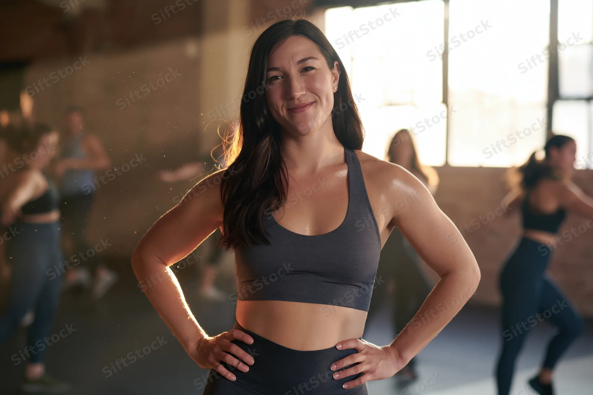 Woman smiling with hands on hips during group fitness class in studio