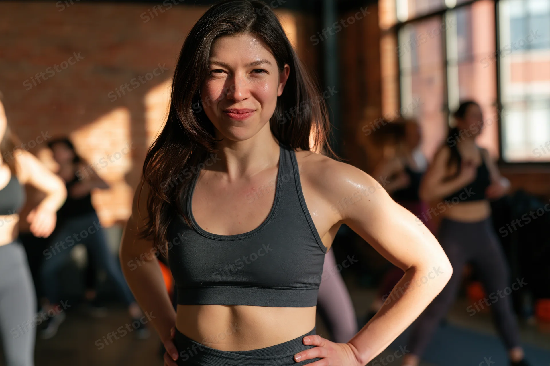 Woman in sportswear smiling with hands on hips during group fitness class in studio