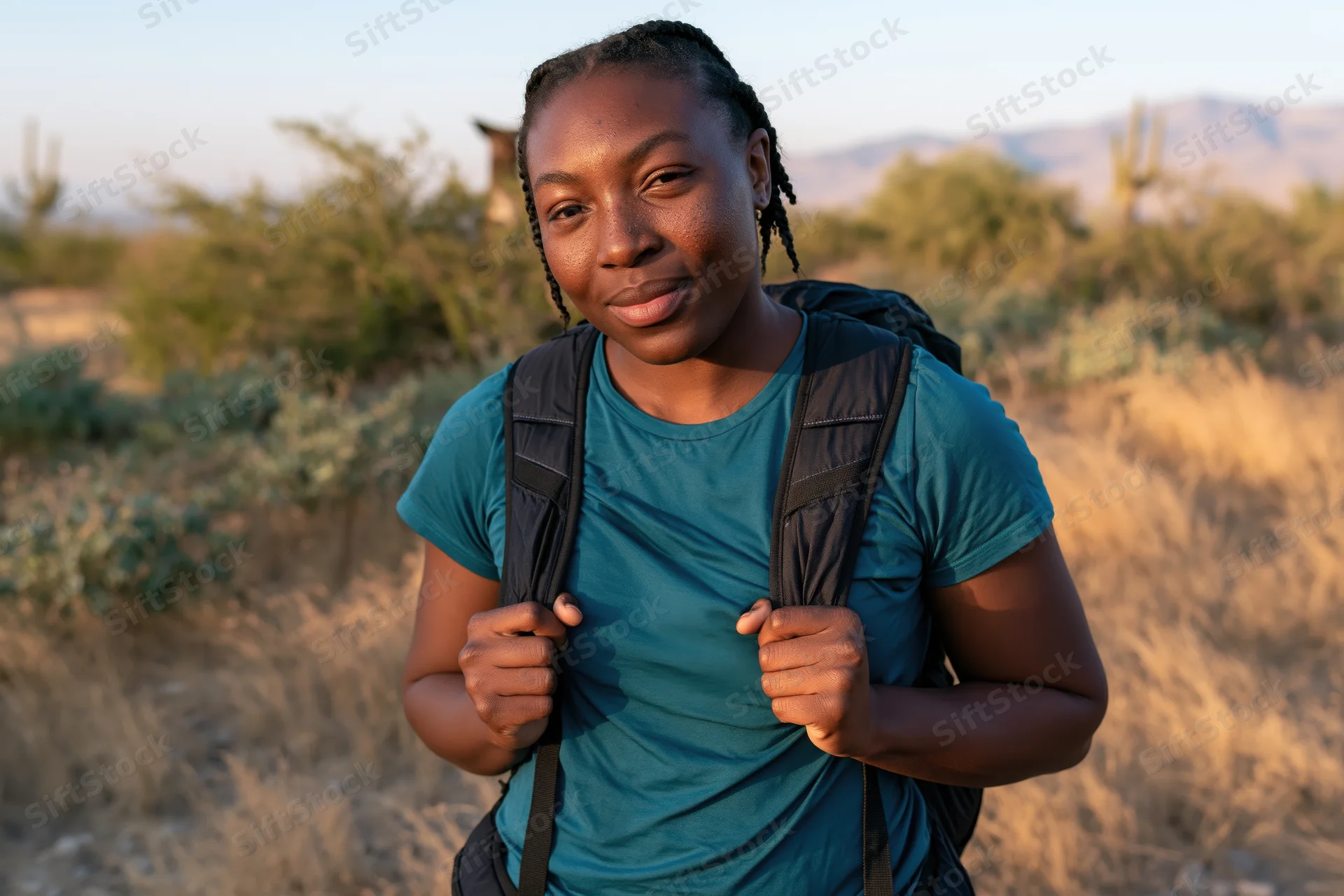 Young black woman hiking in desert landscape with backpack, smiling at camera during golden hour