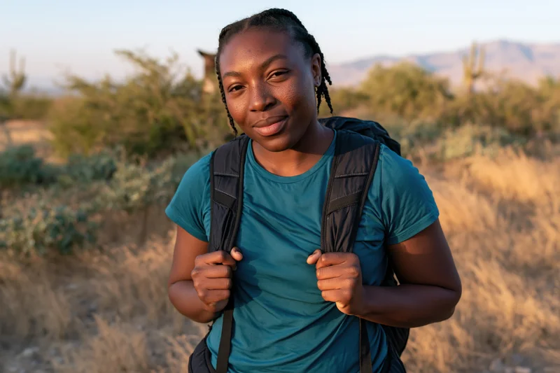 Young black woman hiking in desert landscape with backpack, smiling at camera during golden hour