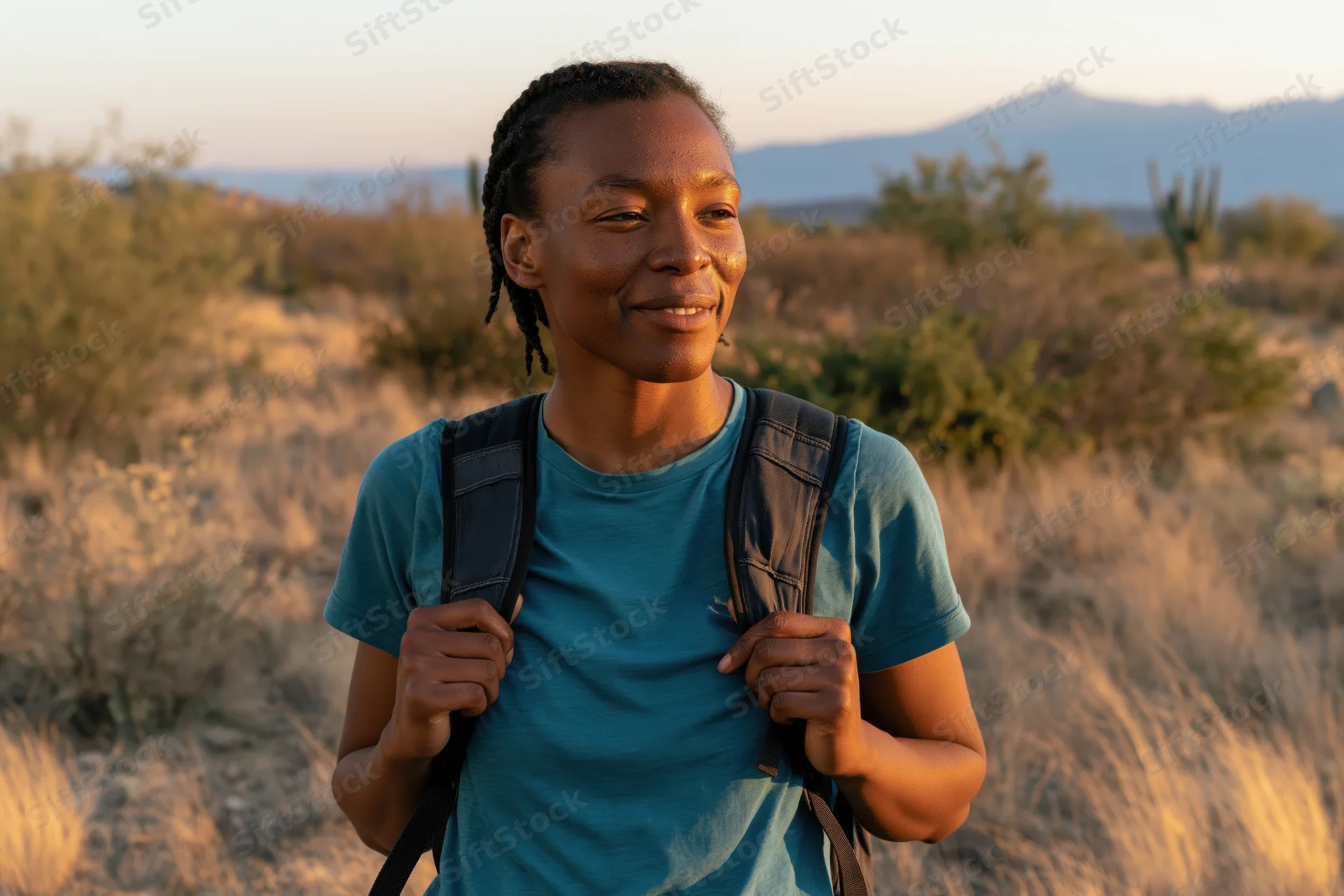 Woman hiking in desert landscape with backpack at golden hour
