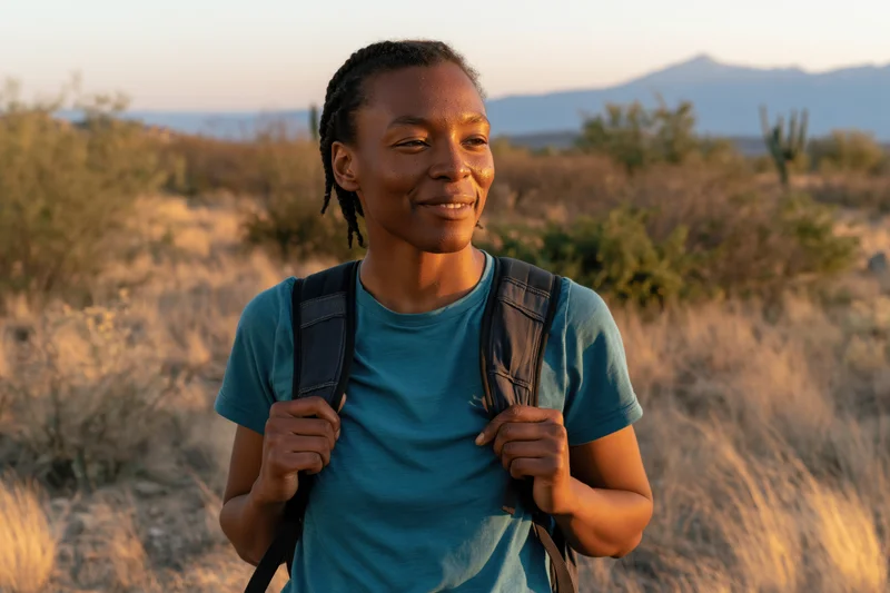 Woman hiking in desert landscape with backpack at golden hour