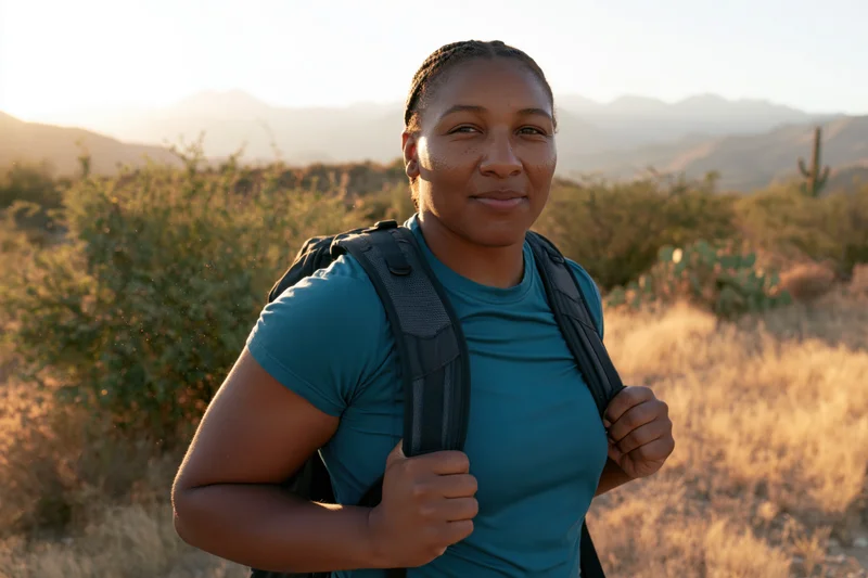 Woman hiking in desert landscape with backpack, smiling at camera during golden hour