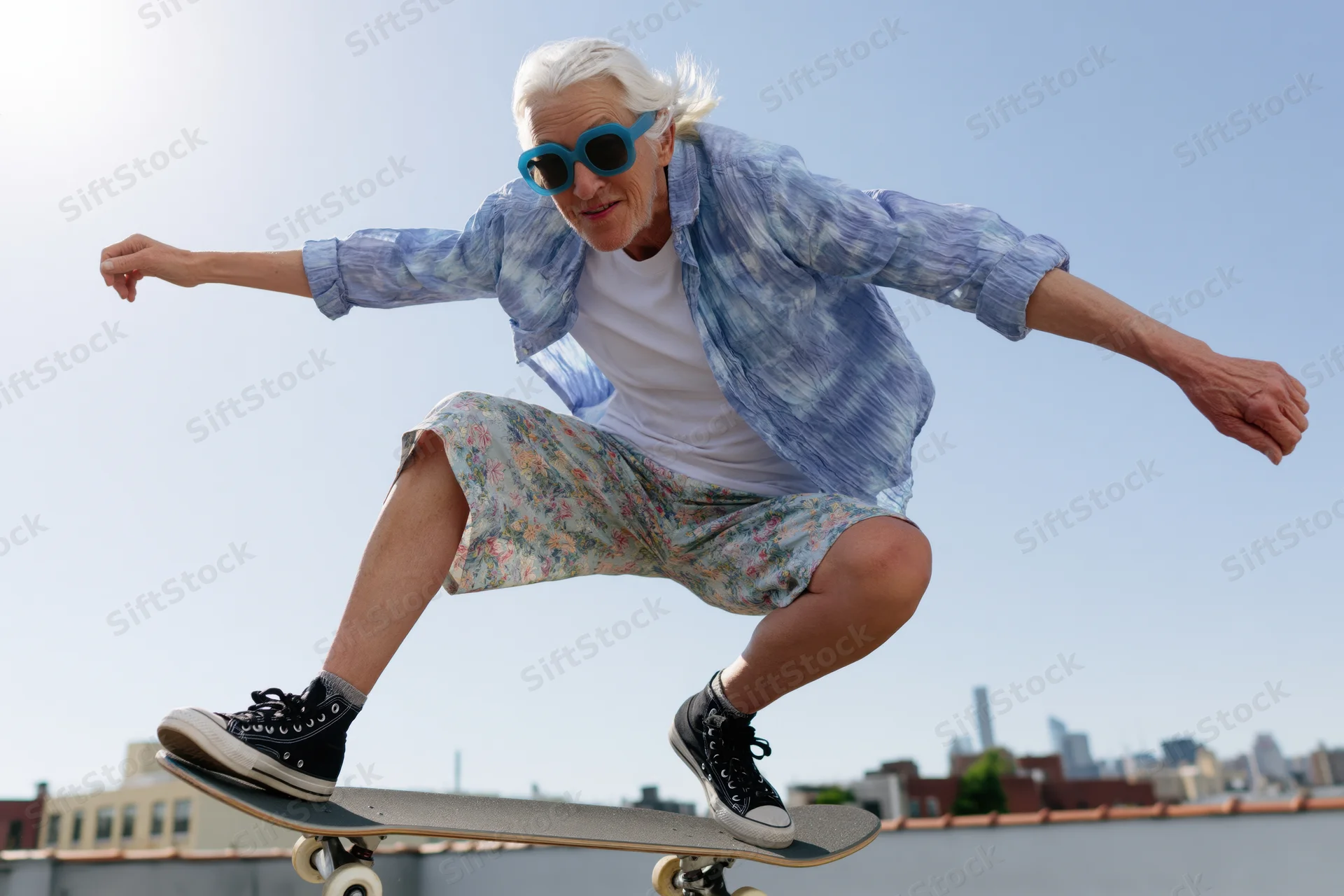 Senior woman skateboarding midair on rooftop with city skyline in background