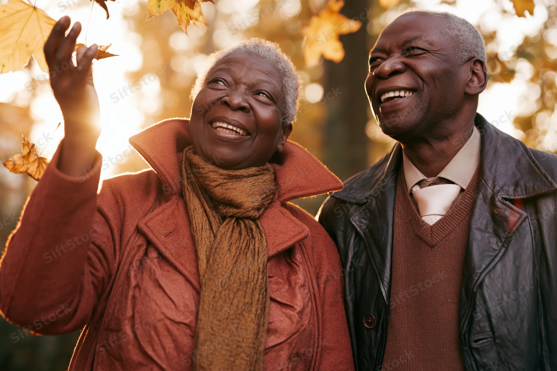 Elderly african american couple smiling and laughing outdoors in autumn foliage