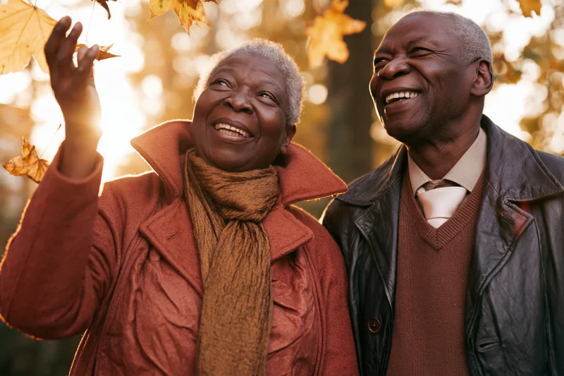 Elderly african american couple smiling and laughing outdoors in autumn foliage