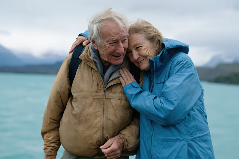 Elderly couple hugging affectionately by a turquoise lake with mountains in the background