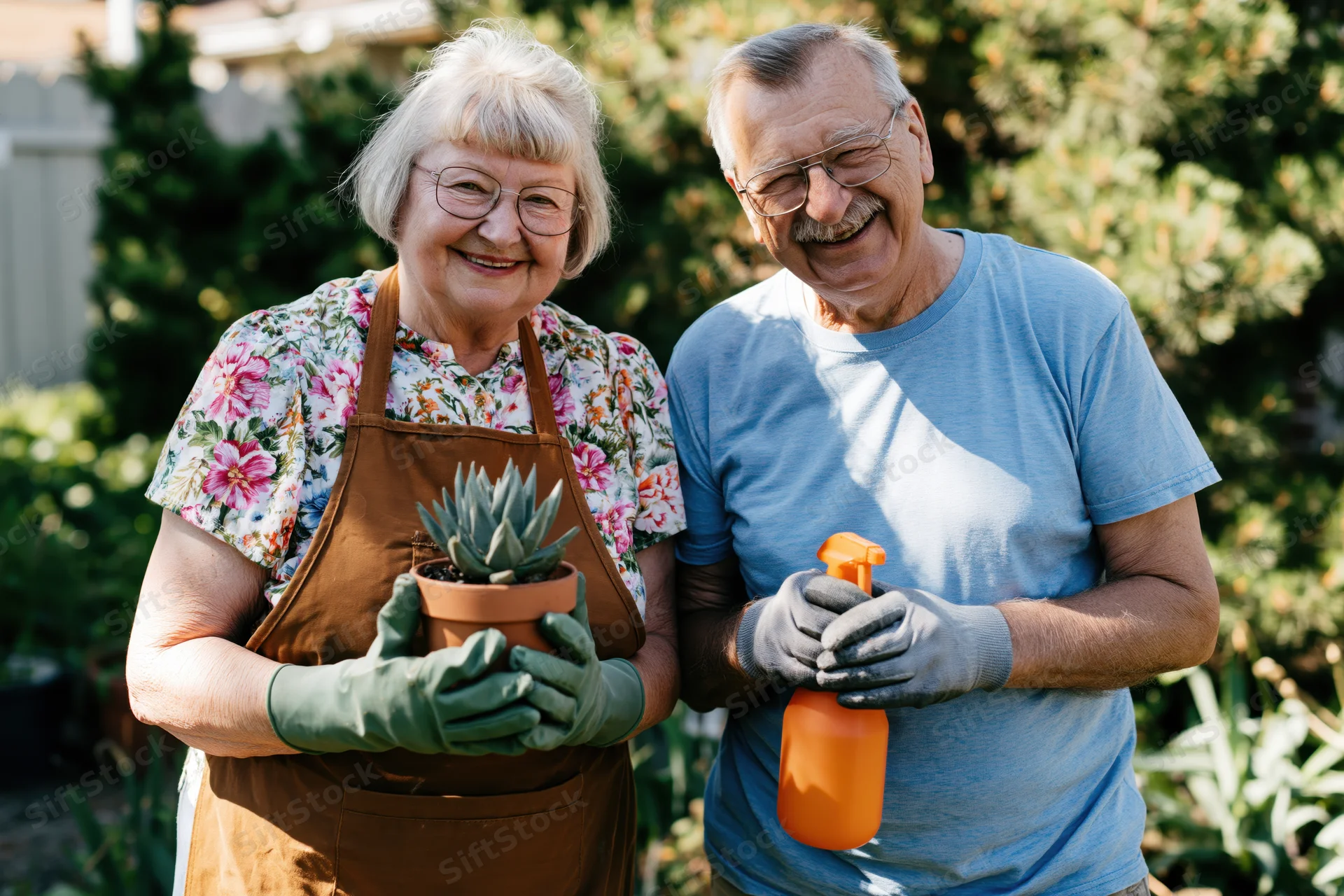 Elderly couple smiling while gardening in backyard with potted succulent and spray bottle