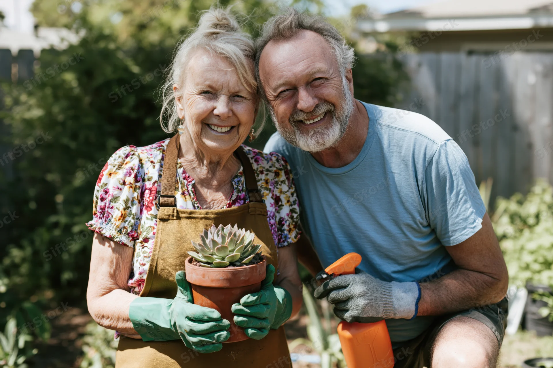 Elderly couple smiling while gardening together in backyard with potted succulent and sprayer