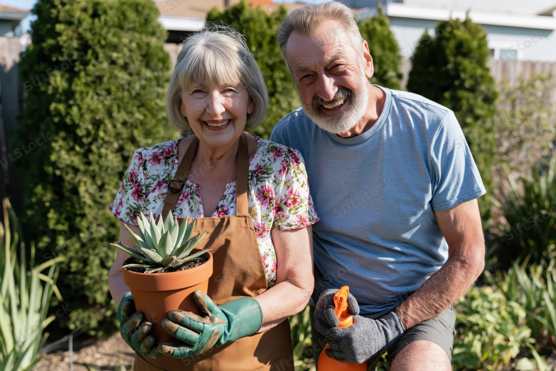 Elderly couple smiling while gardening in backyard with potted succulent and gloves