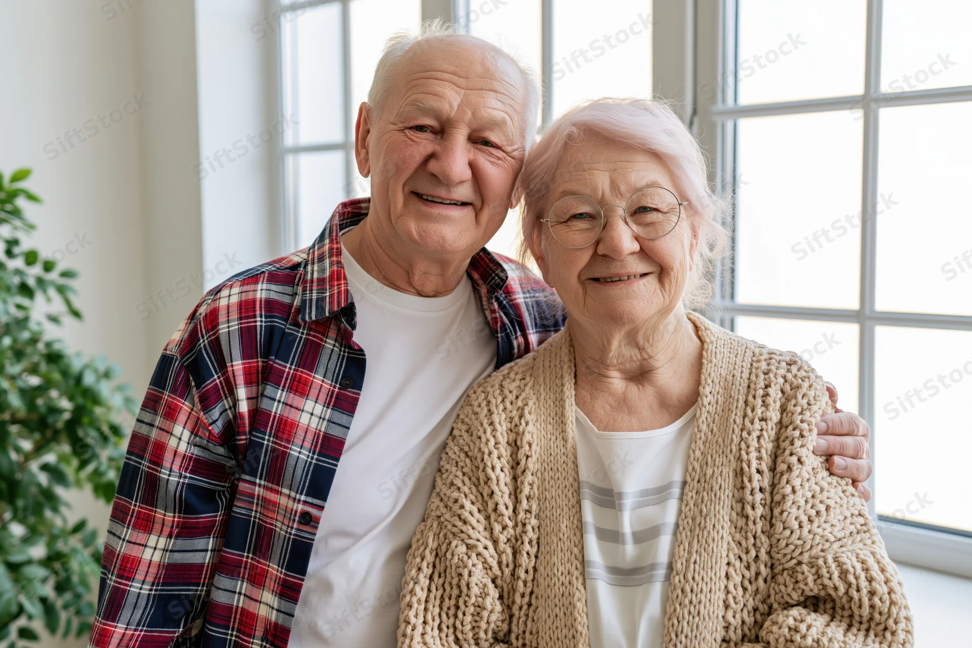 Elderly couple smiling together indoors by a window, man with arm around woman, both wearing casual clothes, natural light from behind