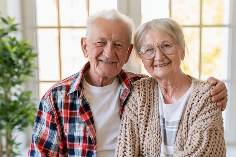Elderly couple smiling together indoors by a window with arms around each other