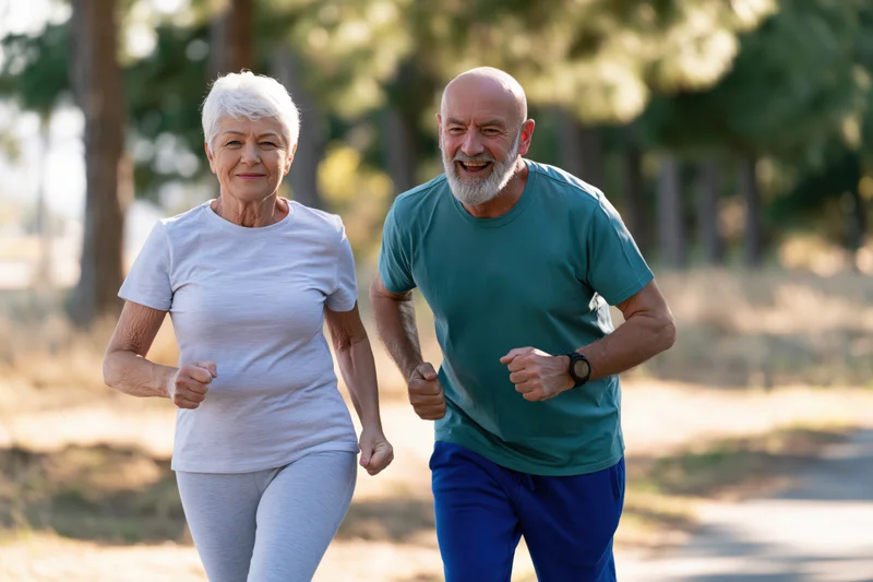 Elderly couple jogging side by side on a park path in daylight