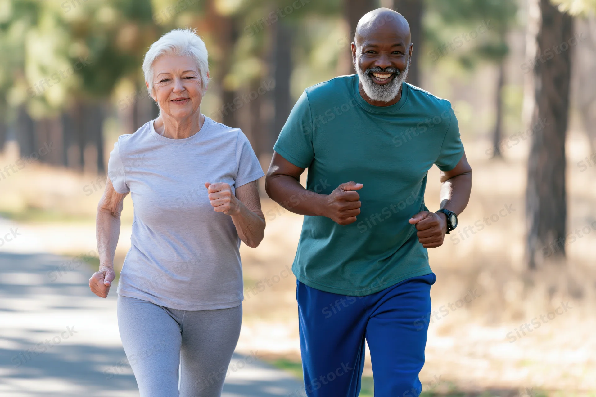 Senior couple jogging side by side on a forest path smiling