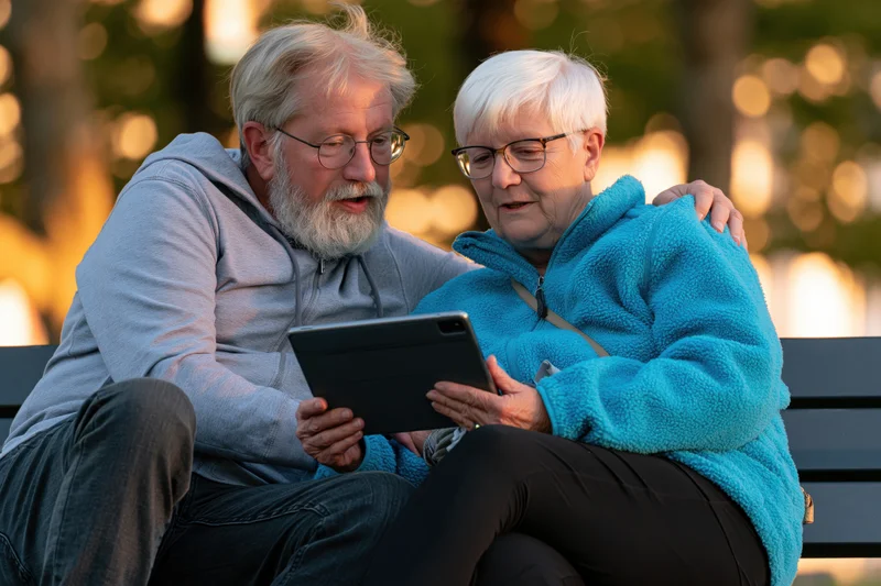 Elderly couple sitting on a park bench sharing a tablet in golden hour light