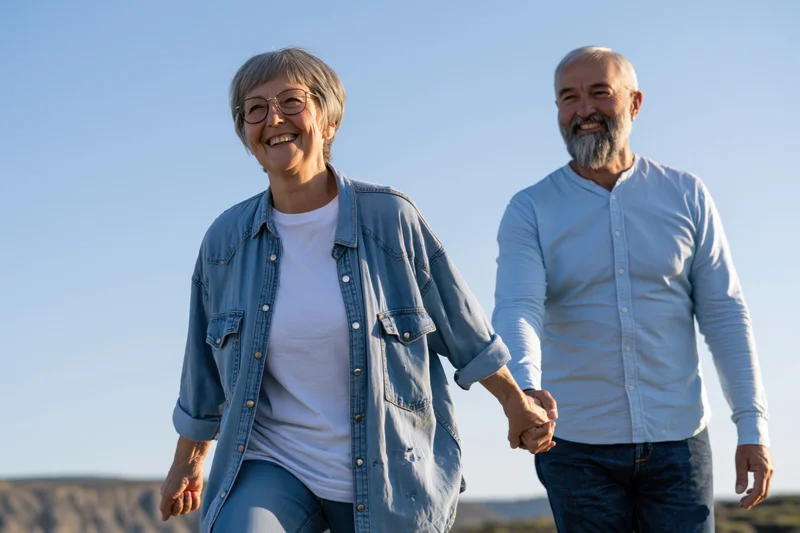 Senior couple walking hand in hand outdoors on a clear day