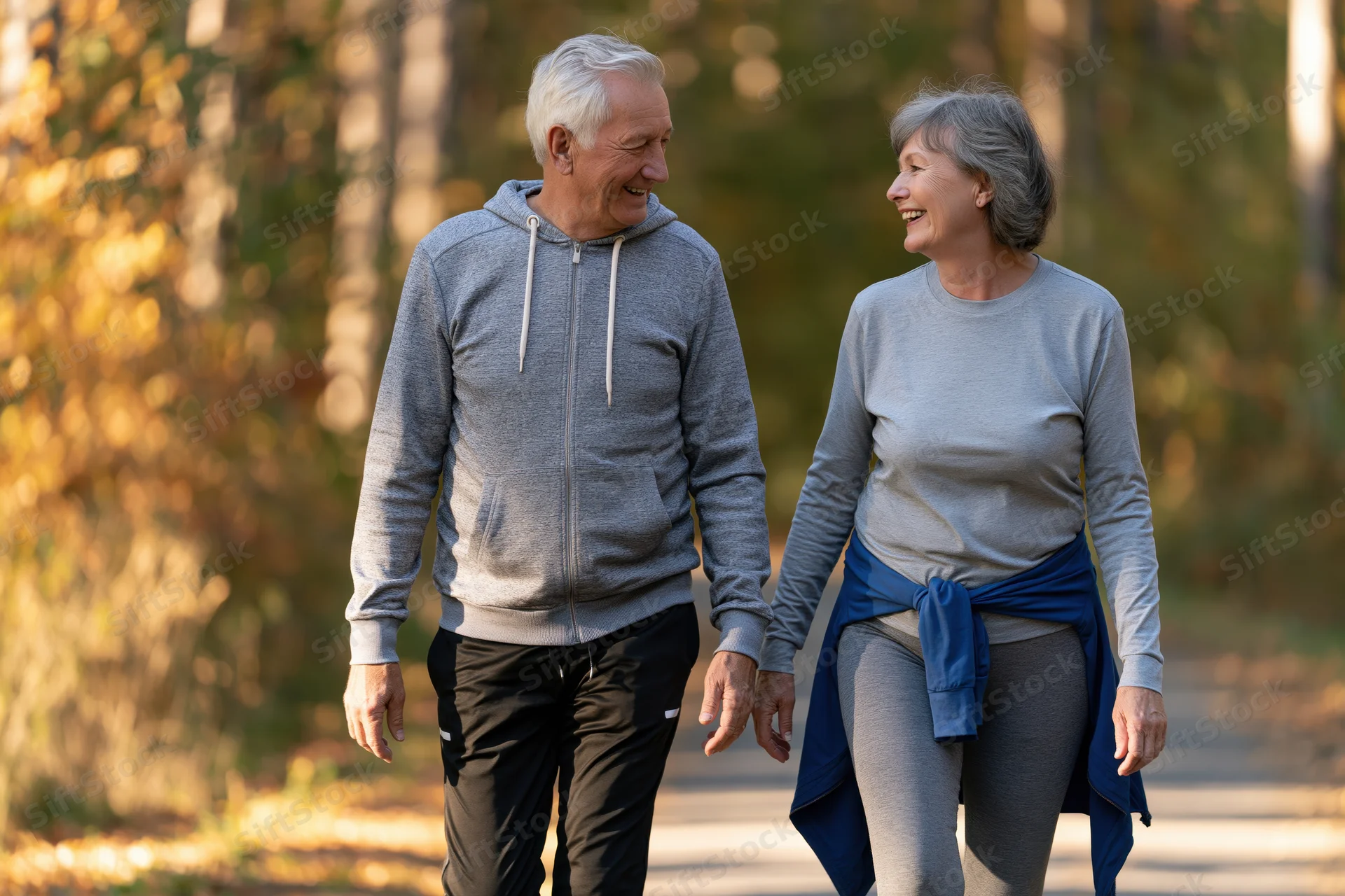 Elderly couple walking together on a forest path in autumn, smiling and talking