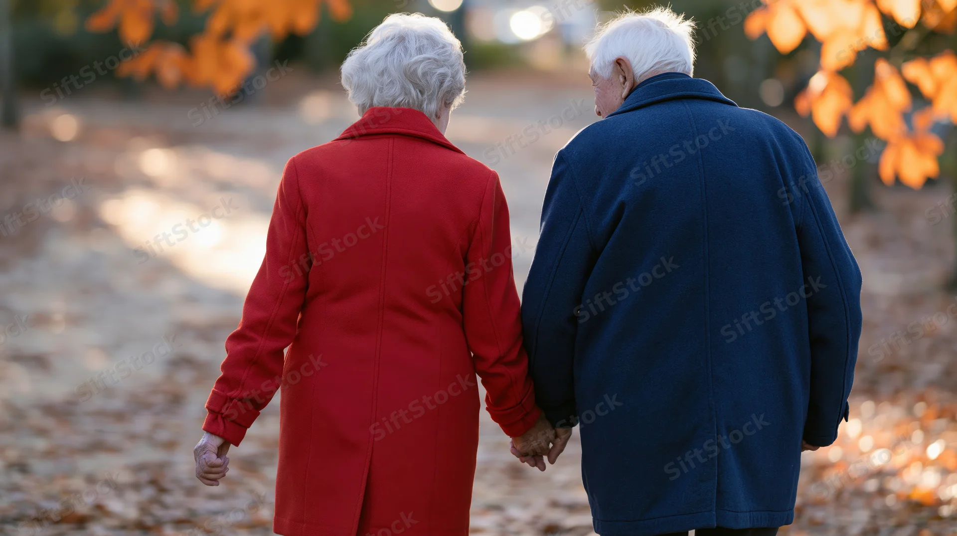 Elderly couple walking away hand in hand along a leaf-covered path in autumn park