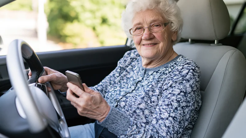 Elderly woman smiling while holding smartphone in car seat