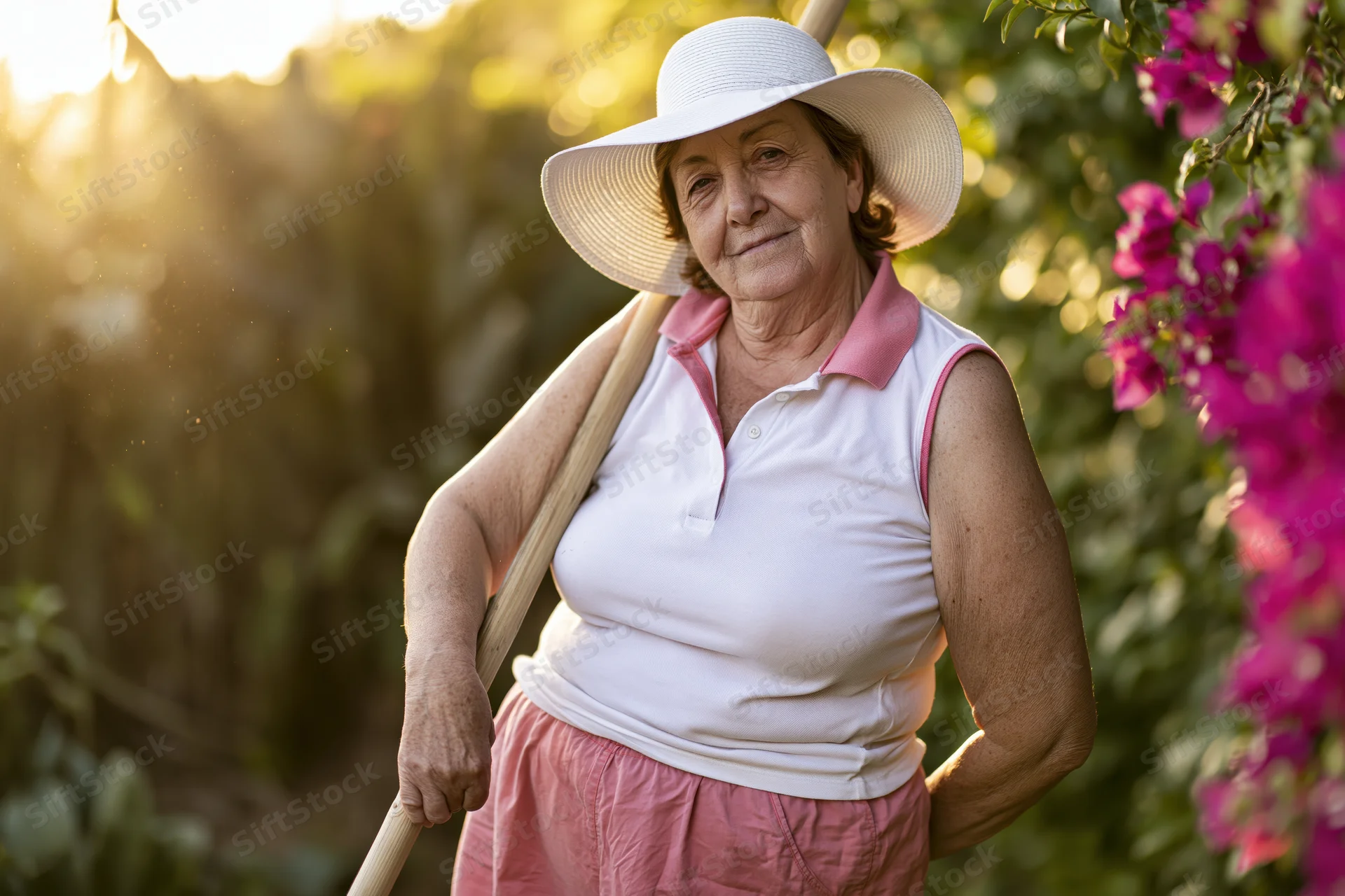 Senior woman holding rake in sunlit garden with pink flowers