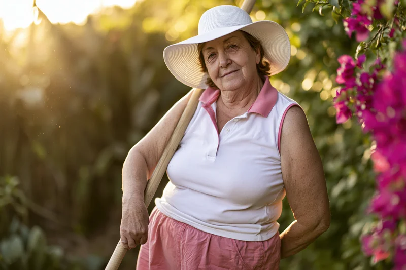 Senior woman holding rake in sunlit garden with pink flowers