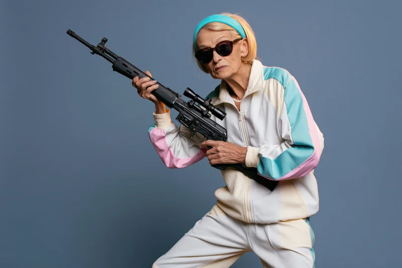 Elderly woman in retro tracksuit holding rifle in action pose against blue studio background
