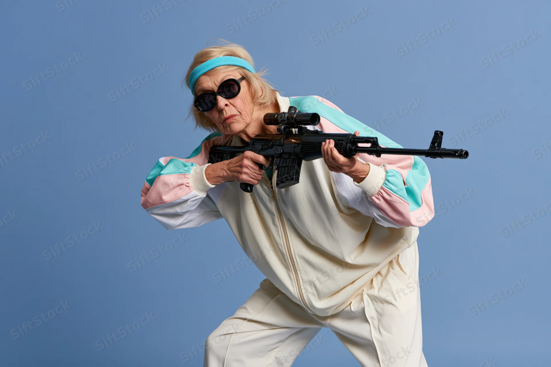 Senior woman aiming rifle in retro tracksuit against blue background