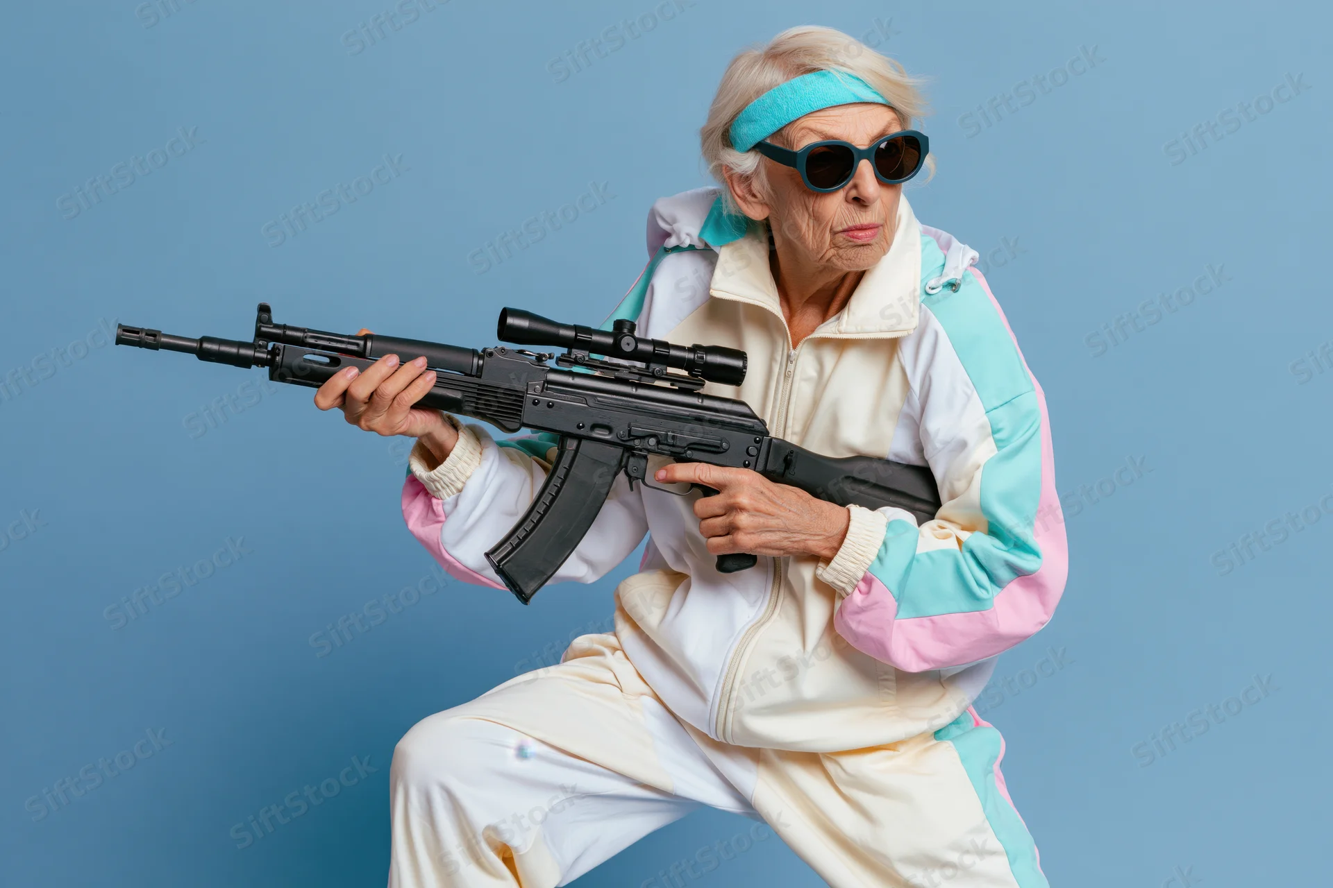 Elderly woman in retro tracksuit aiming rifle while crouching against blue background